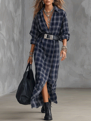 Modern Soft Woven A-Line Deep Navy Plaid Belted Maxi Dress
