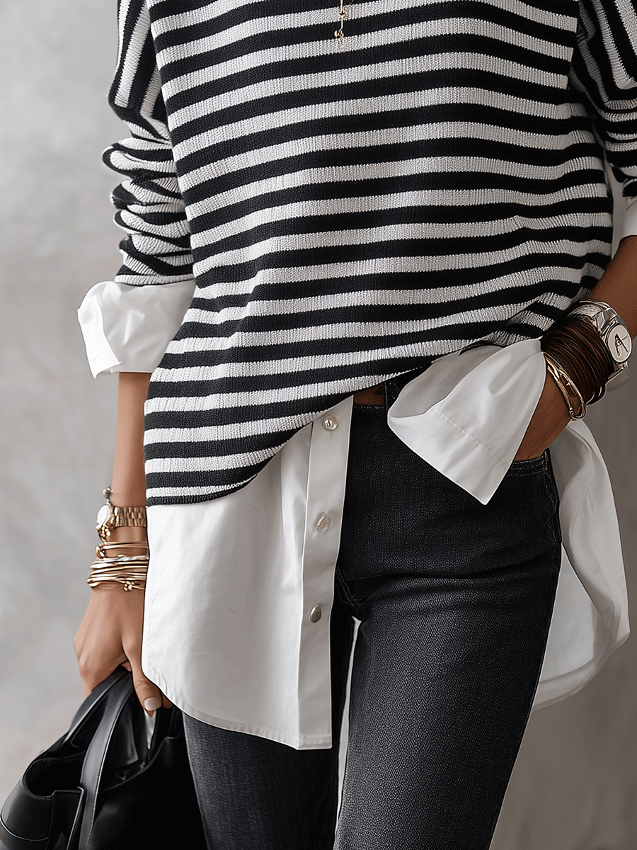 Quiet Luxury Wool Blend Oversized-Fit Monochrome Stripe Sweater