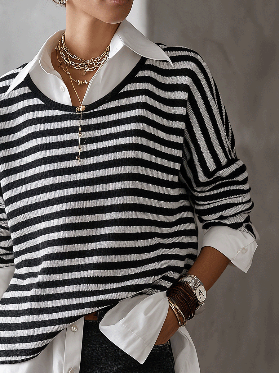 Quiet Luxury Wool Blend Oversized-Fit Monochrome Stripe Sweater