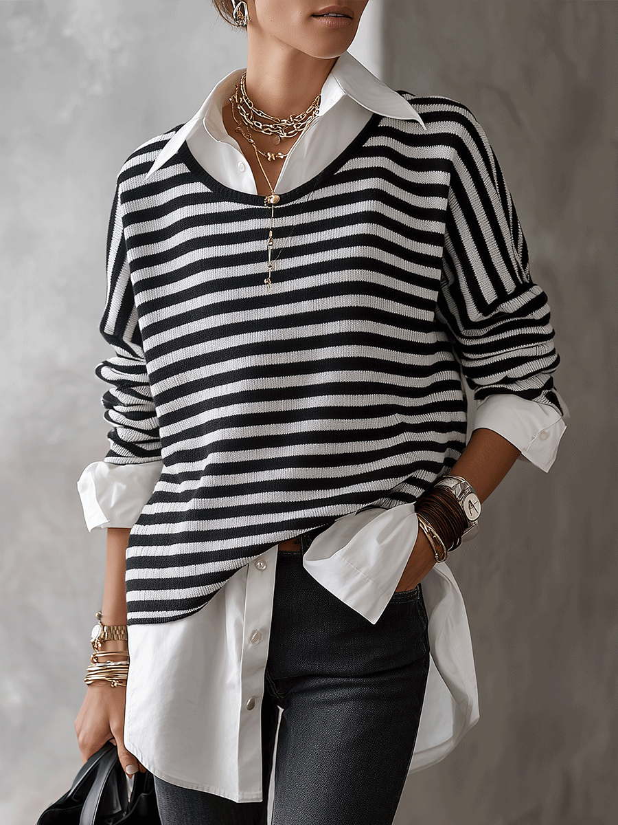 Quiet Luxury Wool Blend Oversized-Fit Monochrome Stripe Sweater