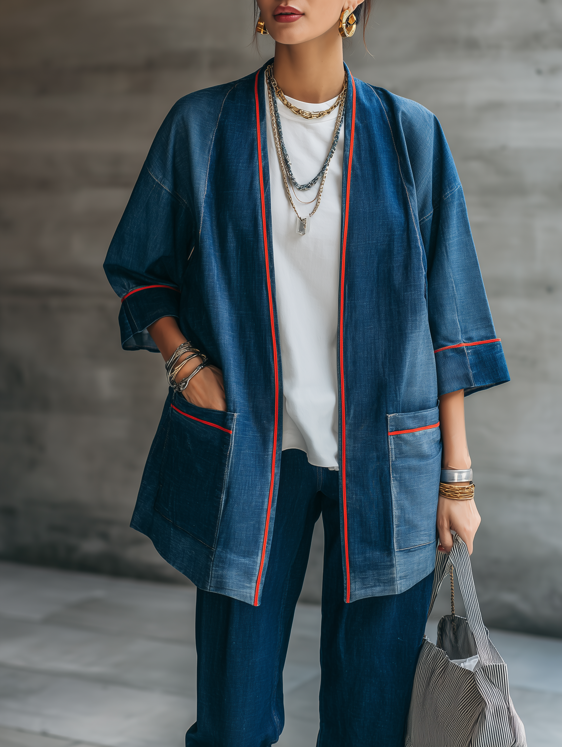 Women's Denim Kimono Contrast Red Piping Jacket