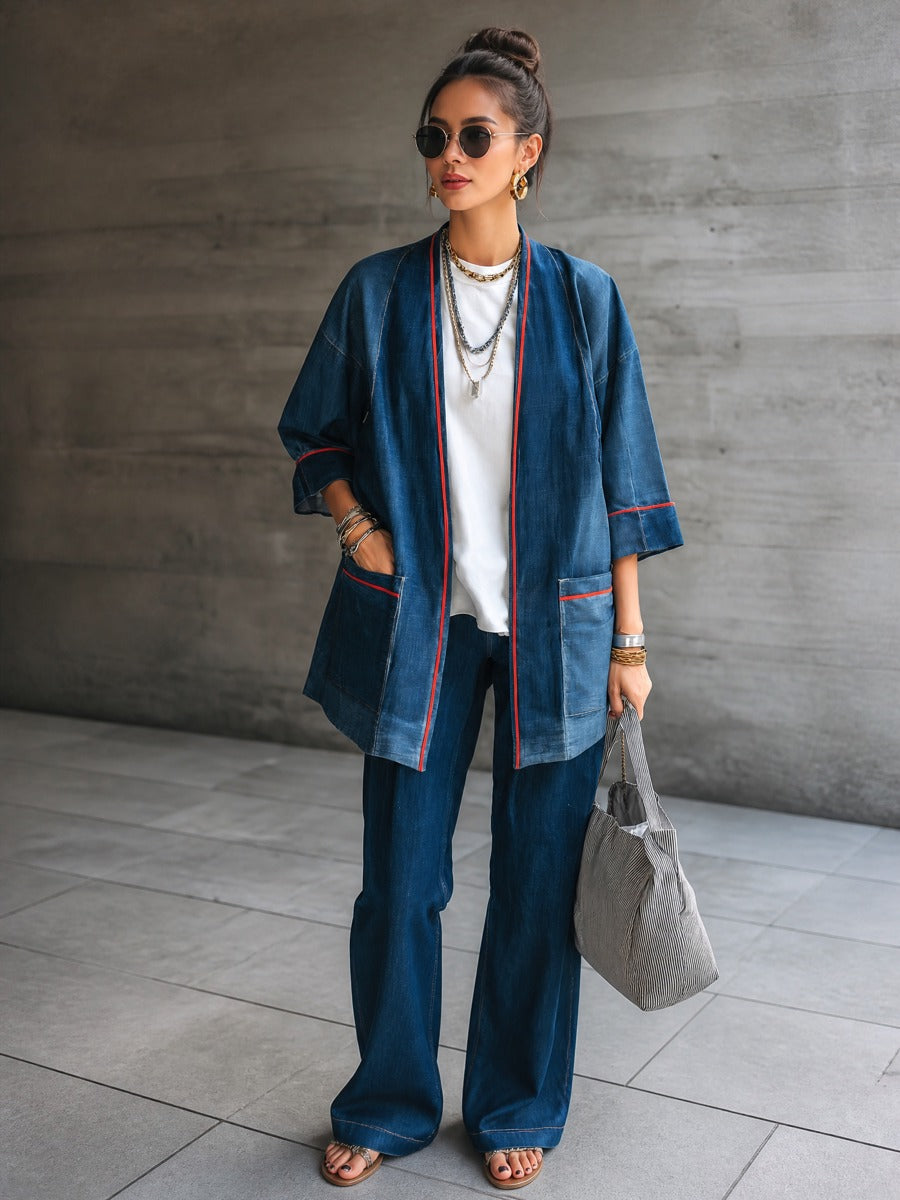 Women's Denim Kimono Contrast Red Piping Jacket