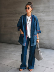 Women's Denim Kimono Contrast Red Piping Jacket