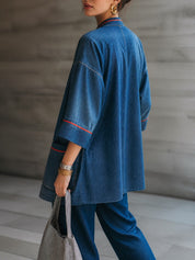 Women's Denim Kimono Contrast Red Piping Jacket