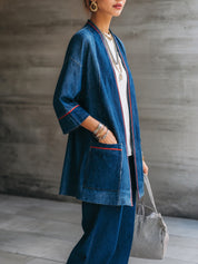 Women's Denim Kimono Contrast Red Piping Jacket