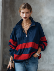 Women's Oversized Half-Zip Color Block Windbreaker Jacket