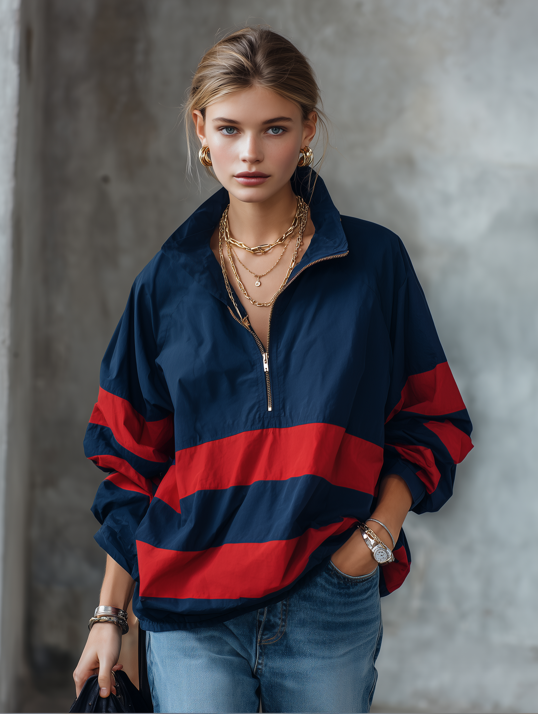 Women's Oversized Half-Zip Color Block Windbreaker Jacket
