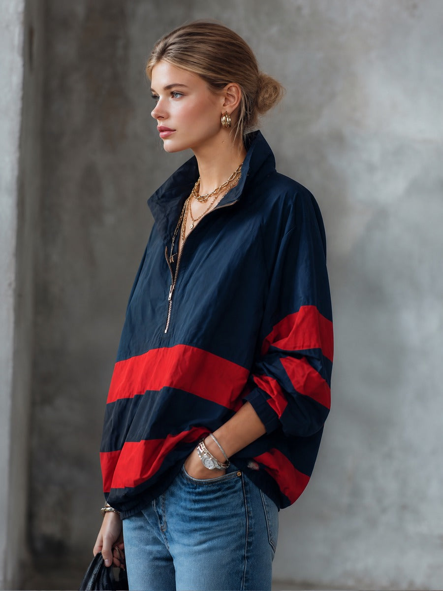 Women's Oversized Half-Zip Color Block Windbreaker Jacket