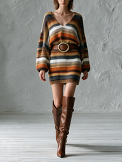 Autumn Boho Balloon Sleeve Striped Mini Dress