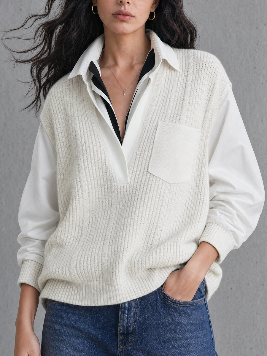 Quiet Luxe Layered-Look Knit Shirt Top