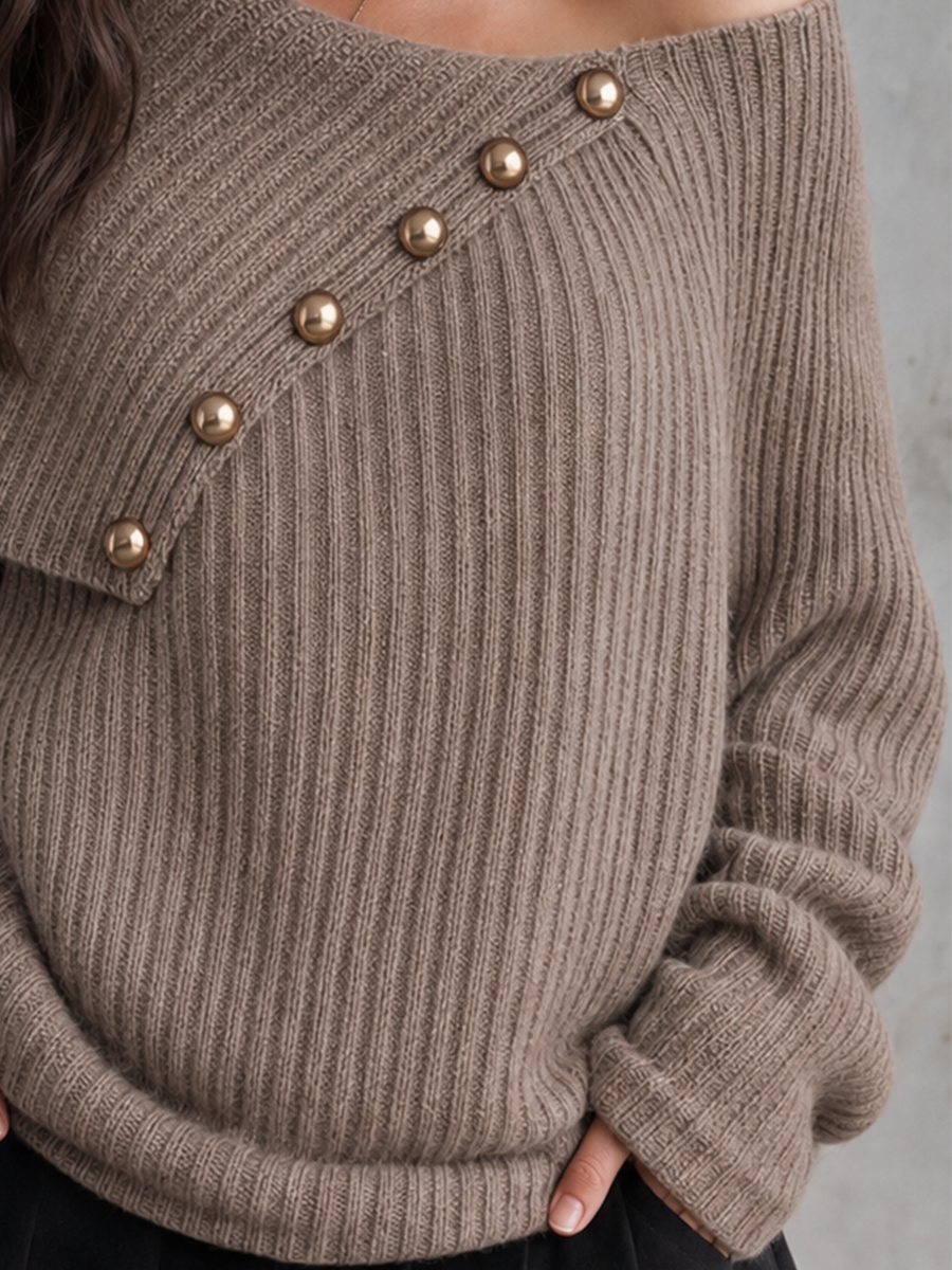 Quiet Luxe Button Detail Off Shoulder Knit Sweater Top