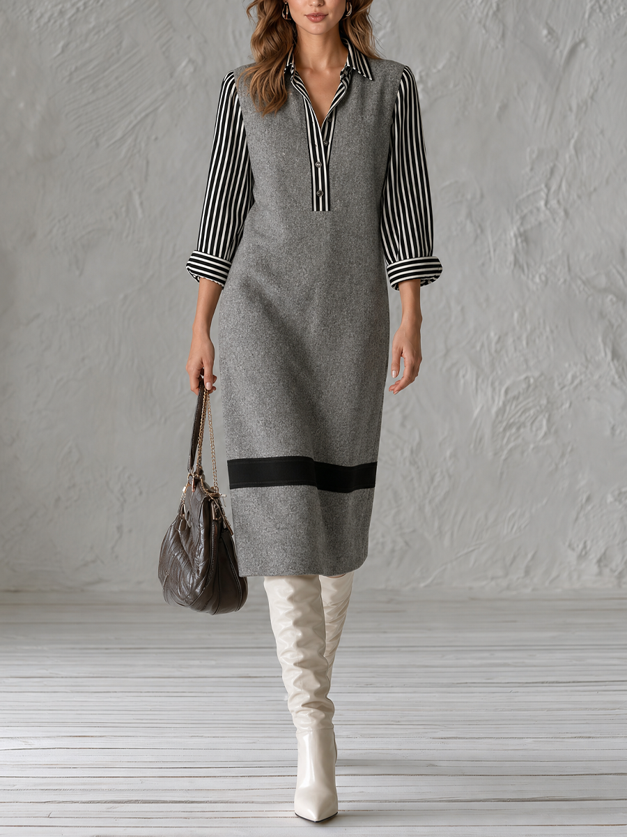 Effortless Office Layered-Look Sweater Midi Dress