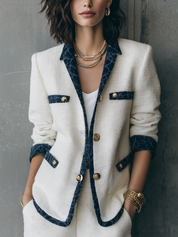 Elegant Ivory Tweed Navy Contrast-Trim Tailored Blazer