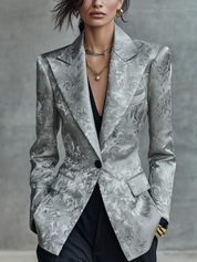Sophisticated Silver Floral Jacquard Single-Breasted Blazer