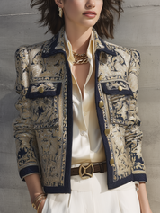 Vintage Gold Jacquard Navy Contrast-Trim Cropped Jacket