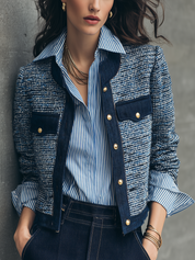 Refined Navy Blue Tweed Contrast-Trim Cropped Jacket