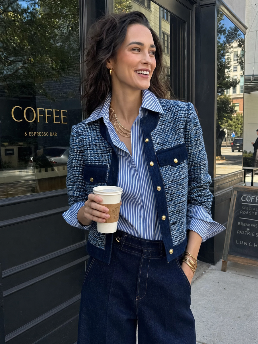 Refined Navy Blue Tweed Contrast-Trim Cropped Jacket