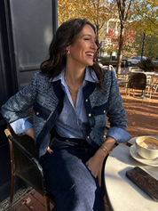 Refined Navy Blue Tweed Contrast-Trim Cropped Jacket