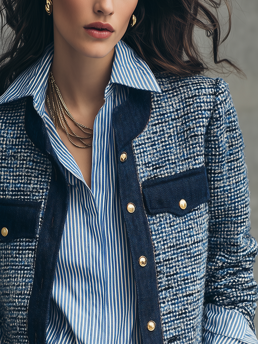 Refined Navy Blue Tweed Contrast-Trim Cropped Jacket