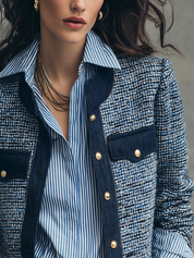 Refined Navy Blue Tweed Contrast-Trim Cropped Jacket