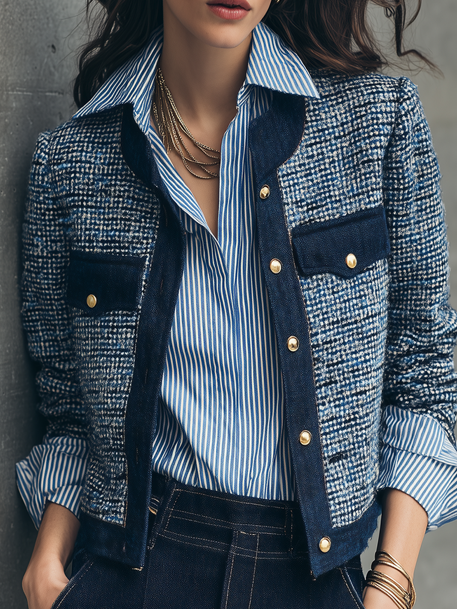 Refined Navy Blue Tweed Contrast-Trim Cropped Jacket