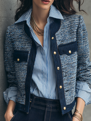 Refined Navy Blue Tweed Contrast-Trim Cropped Jacket