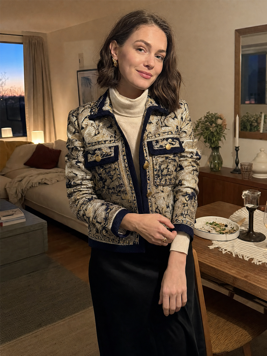 Vintage Gold Jacquard Navy Contrast-Trim Cropped Jacket
