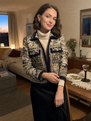 Vintage Gold Jacquard Navy Contrast-Trim Cropped Jacket