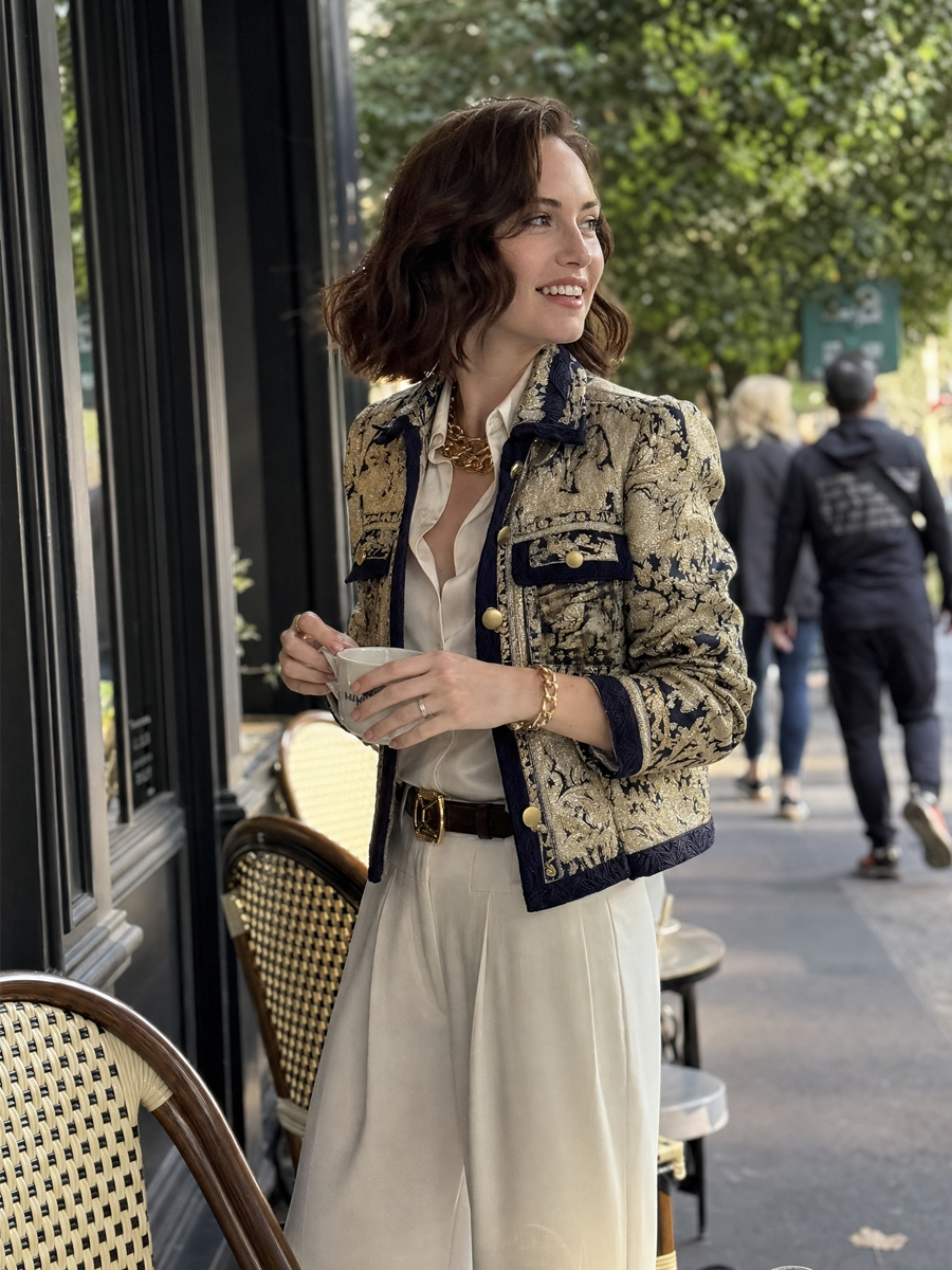 Vintage Gold Jacquard Navy Contrast-Trim Cropped Jacket
