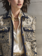 Vintage Gold Jacquard Navy Contrast-Trim Cropped Jacket