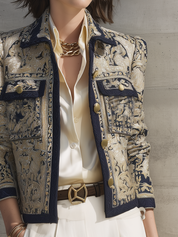 Vintage Gold Jacquard Navy Contrast-Trim Cropped Jacket