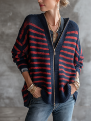 Effortless Brushed Knit Loose-Fit Navy Red Striped Zip-Up Cardigan