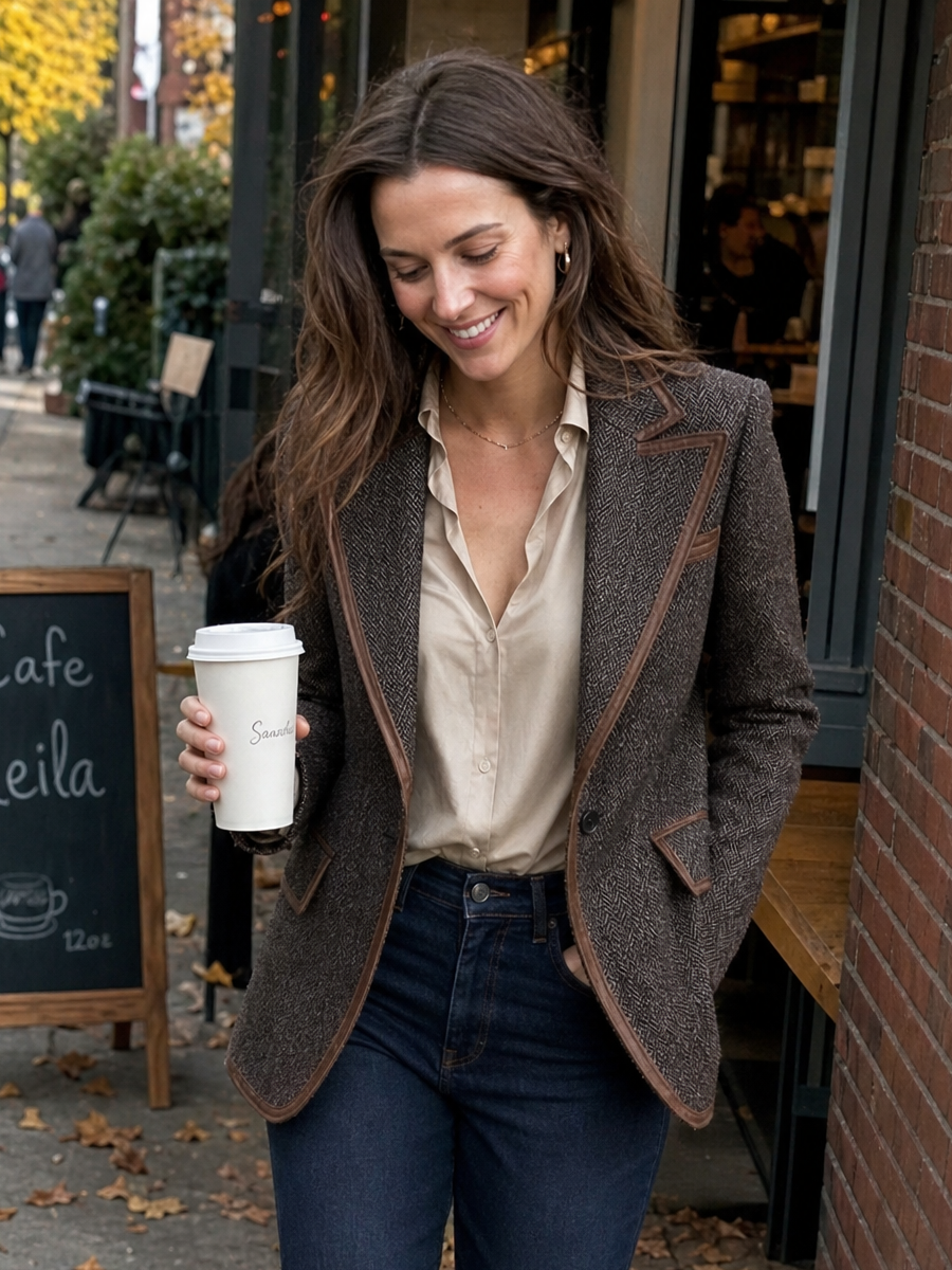 Brown Herringbone Contrast-Trim Tailored Blazer