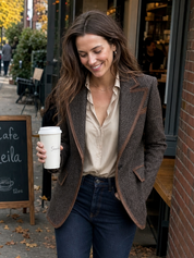 Brown Herringbone Contrast-Trim Tailored Blazer