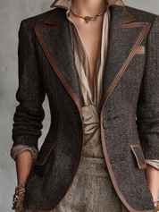 Brown Herringbone Contrast-Trim Tailored Blazer
