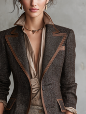Brown Herringbone Contrast-Trim Tailored Blazer