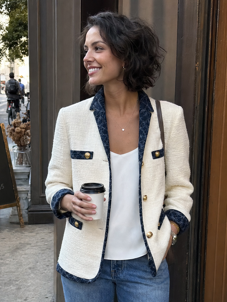 Elegant Ivory Tweed Navy Contrast-Trim Tailored Blazer