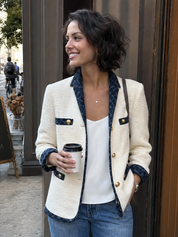 Elegant Ivory Tweed Navy Contrast-Trim Tailored Blazer