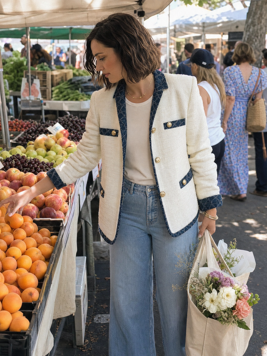 Elegant Ivory Tweed Navy Contrast-Trim Tailored Blazer