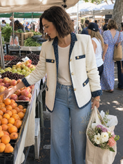 Elegant Ivory Tweed Navy Contrast-Trim Tailored Blazer