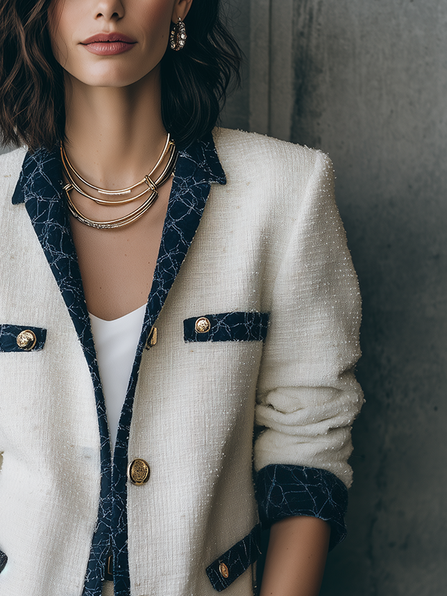 Elegant Ivory Tweed Navy Contrast-Trim Tailored Blazer