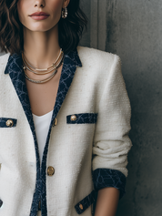 Elegant Ivory Tweed Navy Contrast-Trim Tailored Blazer