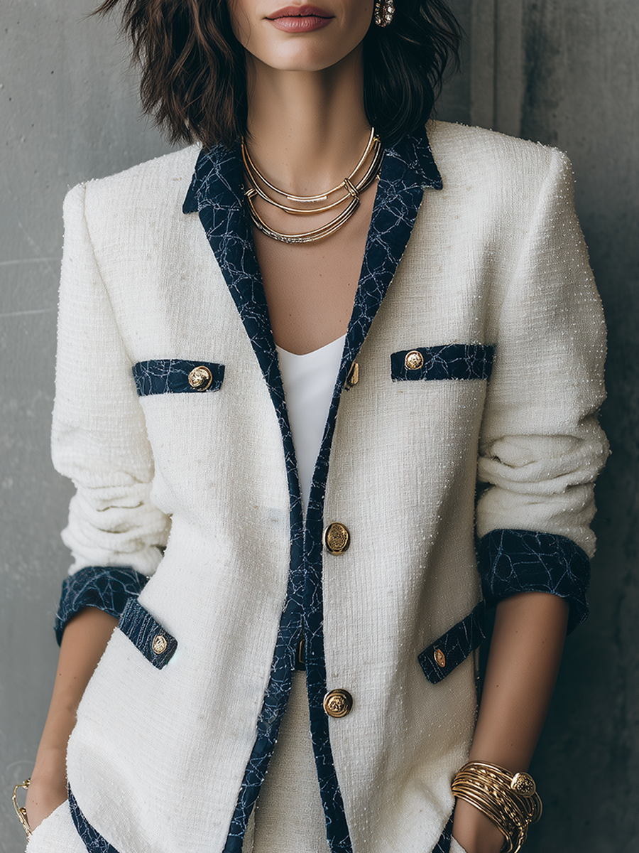 Elegant Ivory Tweed Navy Contrast-Trim Tailored Blazer