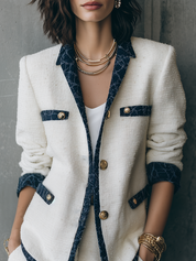Elegant Ivory Tweed Navy Contrast-Trim Tailored Blazer