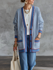 Effortless Riviera Cotton Blend Loose-Fit Blue White Pinstripe Cardigan