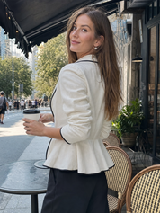 Elegant Ivory Linen Black Piping Peplum Blazer