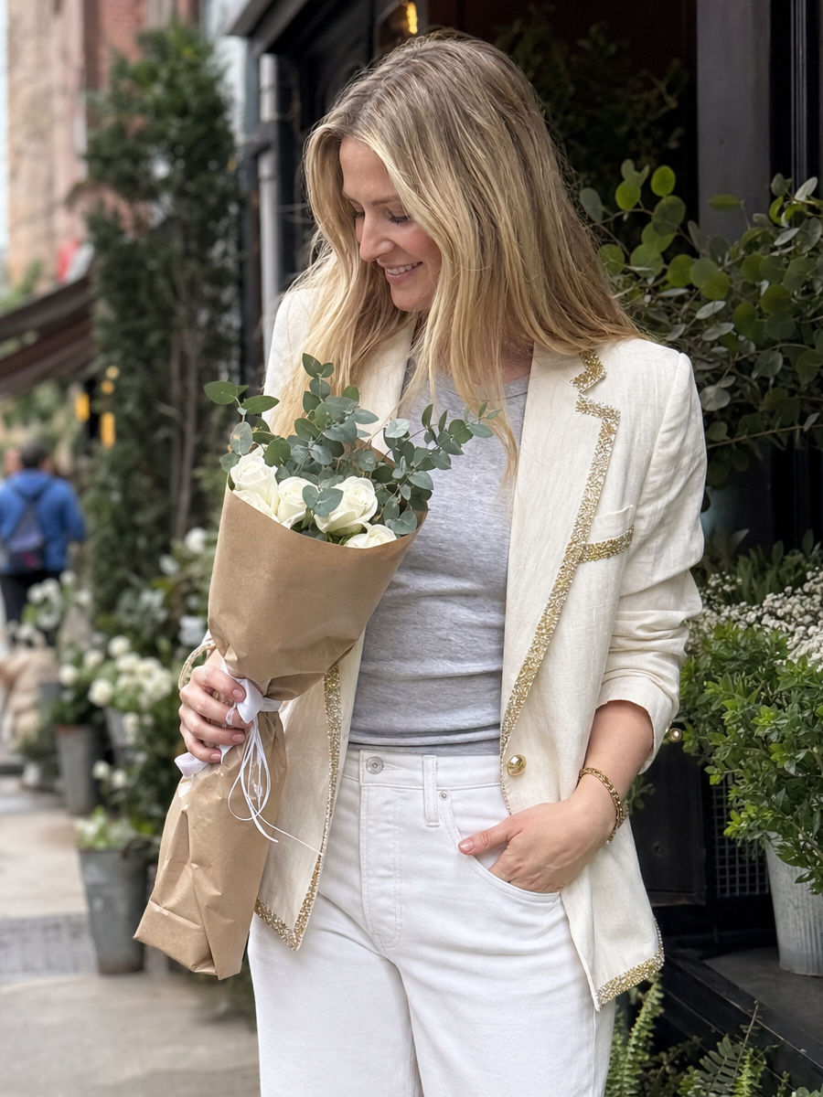 Ivory Linen Gold-Trim Tailored Blazer