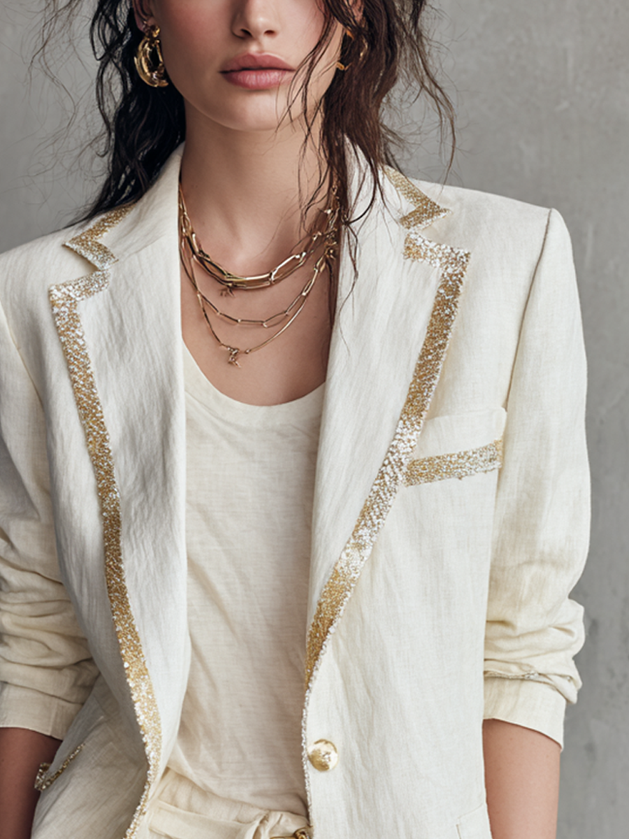 Ivory Linen Gold-Trim Tailored Blazer