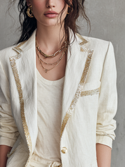 Ivory Linen Gold-Trim Tailored Blazer