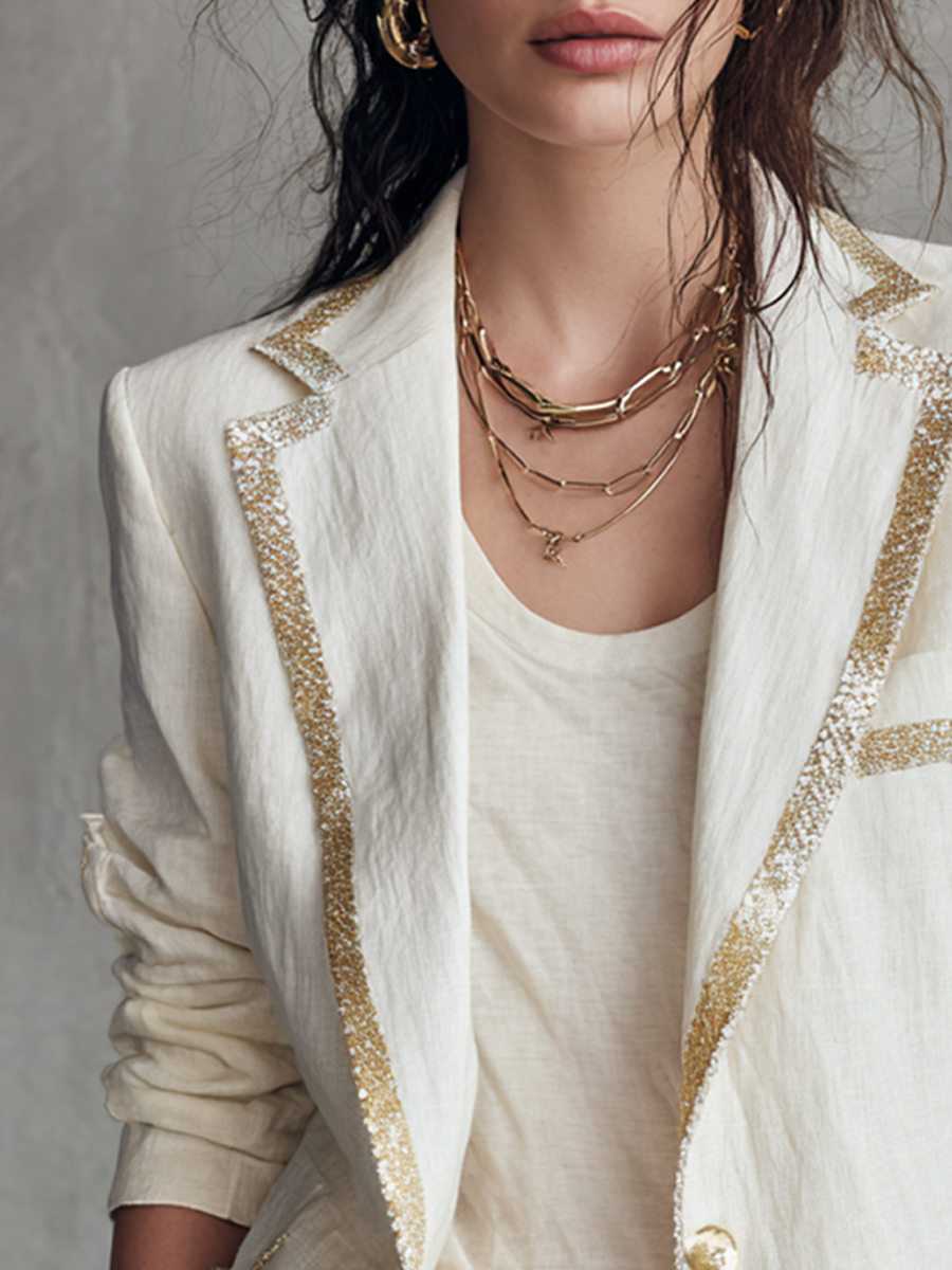Ivory Linen Gold-Trim Tailored Blazer